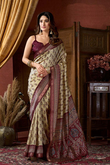 Cream & Maroon Vintage Charm | Printed Silk-Blend Saree RTI