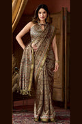 Brown Printed Motif Saree in Deep Emerald | Fancy saree RTI