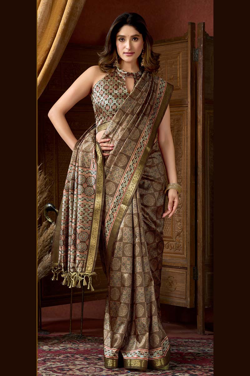 Brown Printed Motif Saree in Deep Emerald | Fancy saree RTI