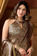 Brown Printed Motif Saree in Deep Emerald | Fancy saree RTI