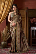 Brown Printed Motif Saree in Deep Emerald | Fancy saree RTI