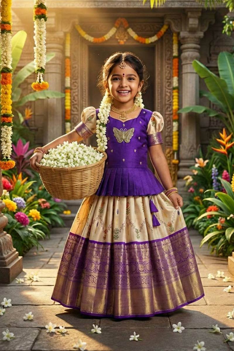 Little Royal Bloom – Jacquard Kids Lehenga | Cream Shirt & Top RTI