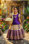 Little Royal Bloom – Jacquard Kids Lehenga | Cream Shirt & Top RTI