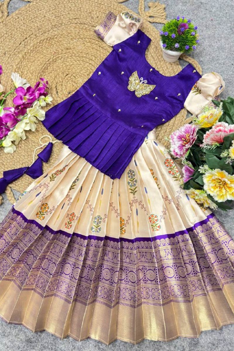 Little Royal Bloom – Jacquard Kids Lehenga | Cream Shirt & Top RTI