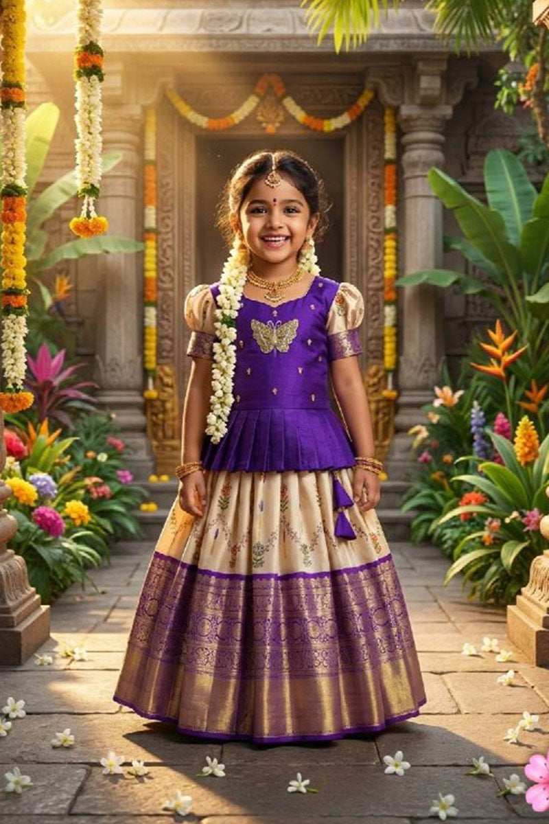 Little Royal Bloom – Jacquard Kids Lehenga | Cream Shirt & Top RTI