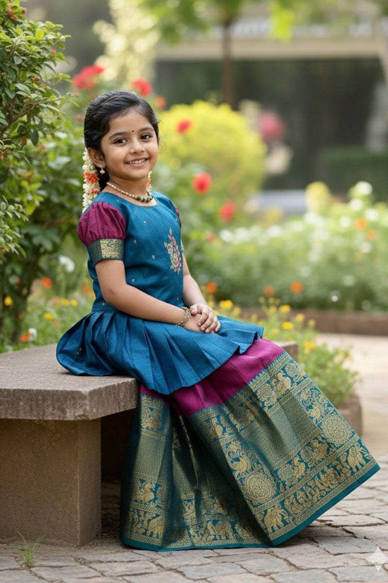 Temple Garden – Classic Girls Lehenga Set | Purple & Teal Lehenga Set RTI