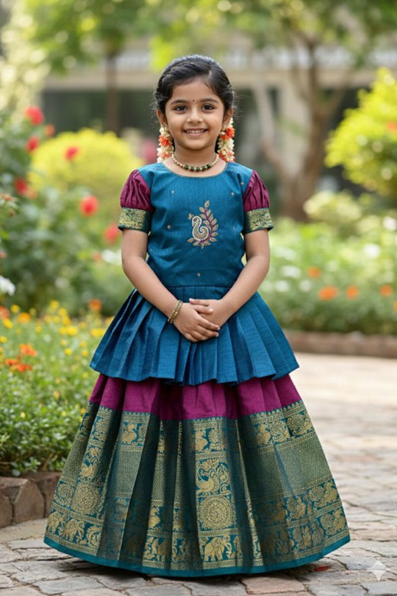 Temple Garden – Classic Girls Lehenga Set | Purple & Teal Lehenga Set RTI