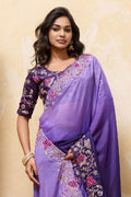 Purple Festive Saree UK | Embroidered Floral Border & Work Blouse RTI