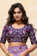 Purple Festive Saree UK | Embroidered Floral Border & Work Blouse RTI
