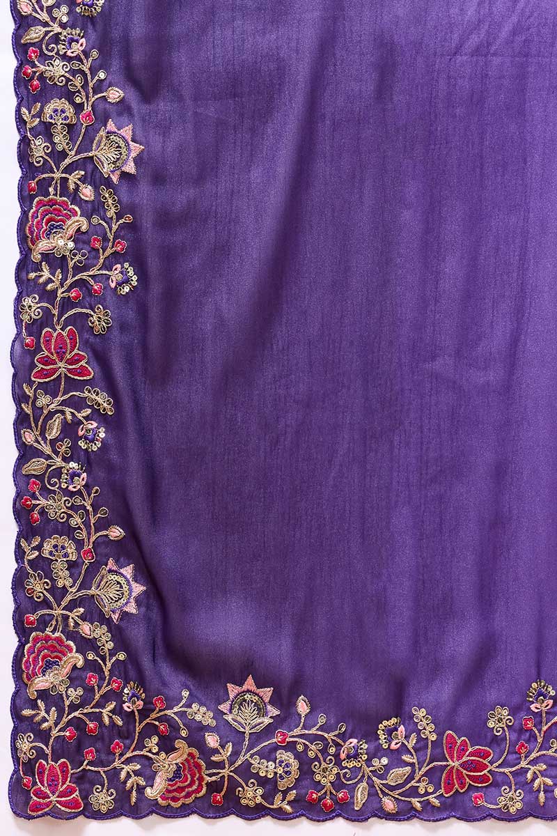 Purple Festive Saree UK | Embroidered Floral Border & Work Blouse RTI