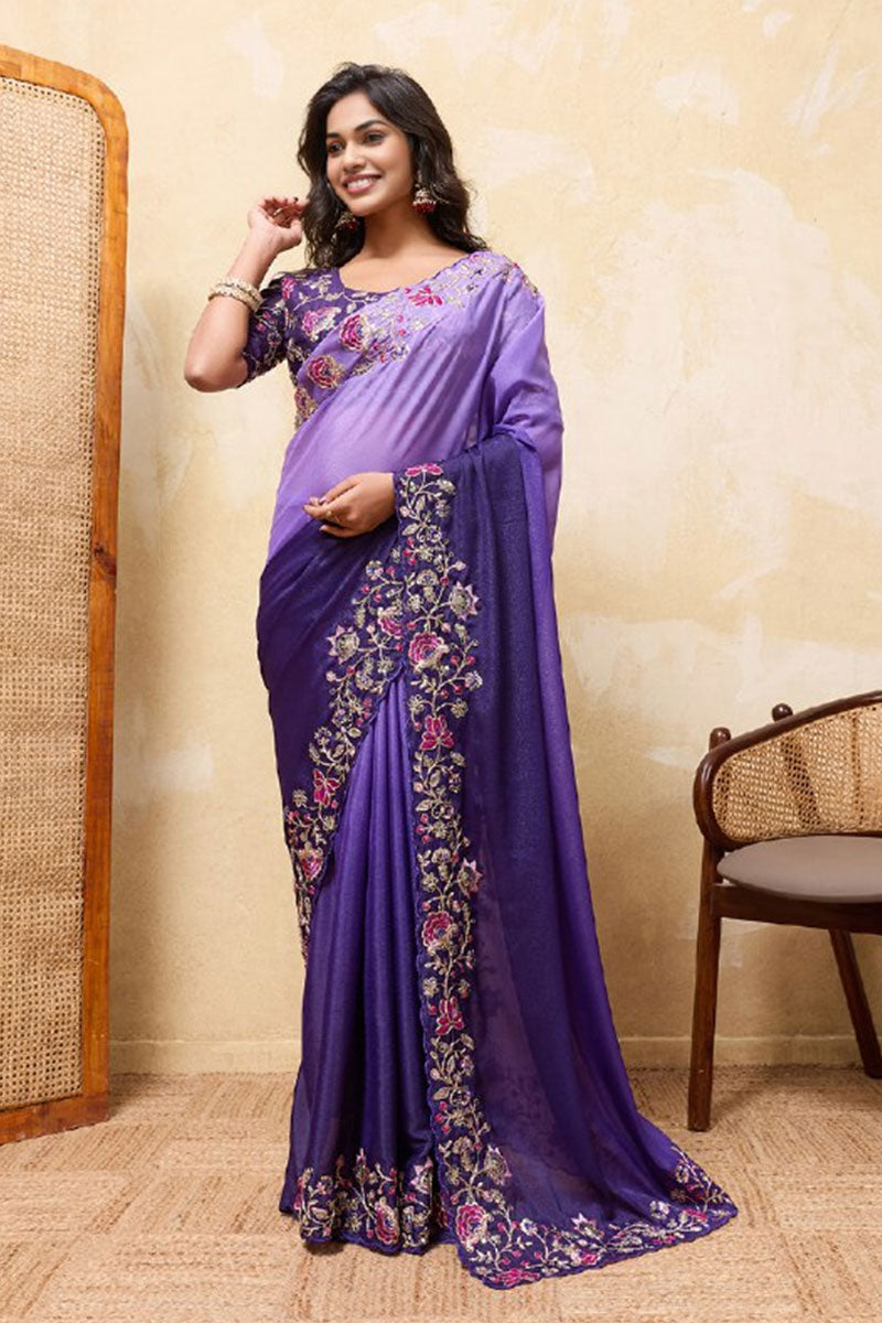 Purple Festive Saree UK | Embroidered Floral Border & Work Blouse RTI
