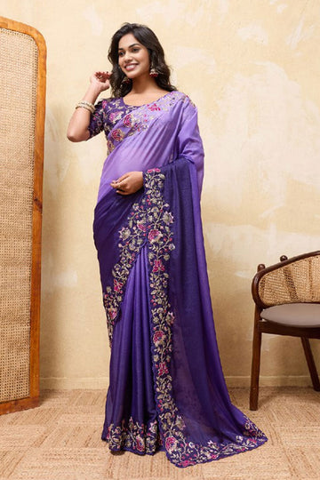 Purple Festive Saree UK | Embroidered Floral Border & Work Blouse RTI