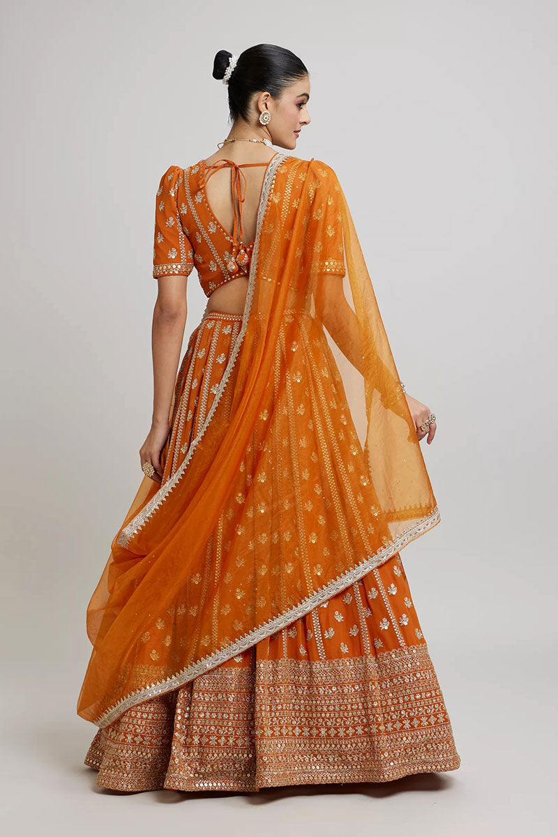 Orange Lehenga Choli UK | Embroidered Floral Work & Elegant Dupatta RTI