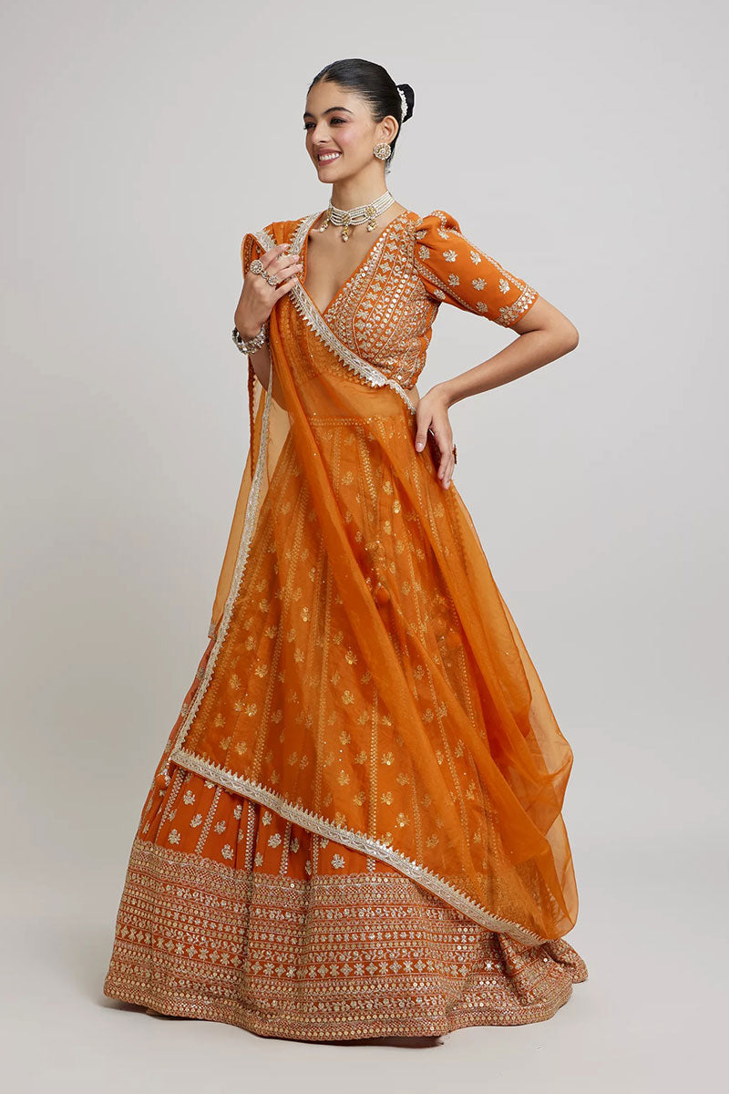 Orange Lehenga Choli UK | Embroidered Floral Work & Elegant Dupatta RTI