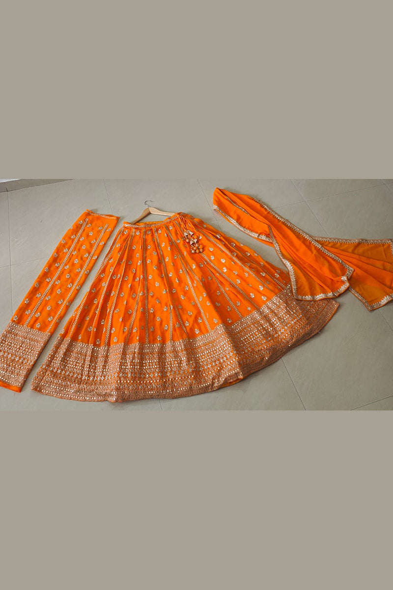 Orange Lehenga Choli UK | Embroidered Floral Work & Elegant Dupatta RTI