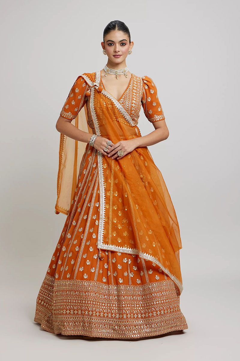Orange Lehenga Choli UK | Embroidered Floral Work & Elegant Dupatta RTI