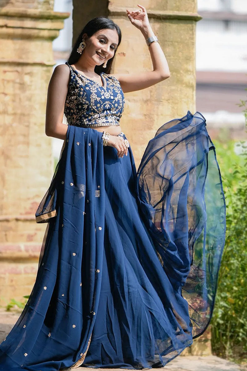 Blue Wedding & Festive Lehenga Choli | Embroidered Border Dupatta RTI