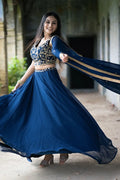 Blue Wedding & Festive Lehenga Choli | Embroidered Border Dupatta RTI