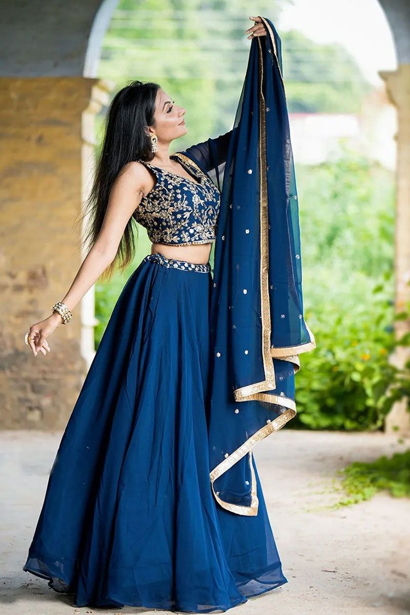 Blue Wedding & Festive Lehenga Choli | Embroidered Border Dupatta RTI