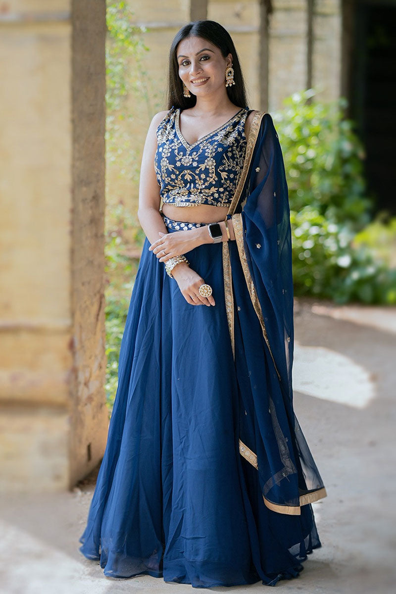 Blue Wedding & Festive Lehenga Choli | Embroidered Border Dupatta RTI