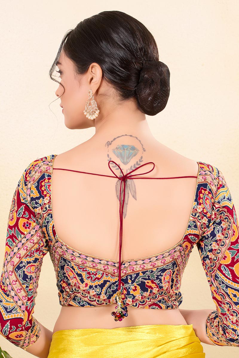 Premium Multi color Saree Blouse UK | Printed Festive 3/4 Sleeve Blouse RTI