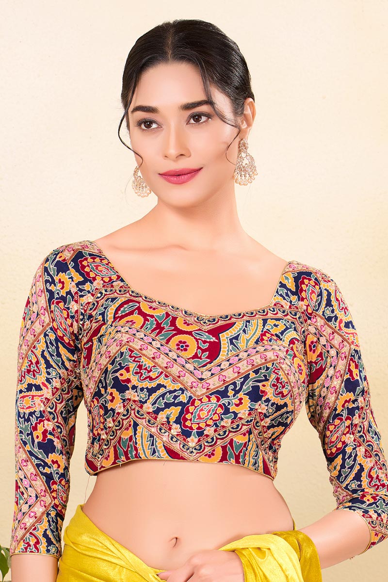 Premium Multi color Saree Blouse UK | Printed Festive 3/4 Sleeve Blouse RTI