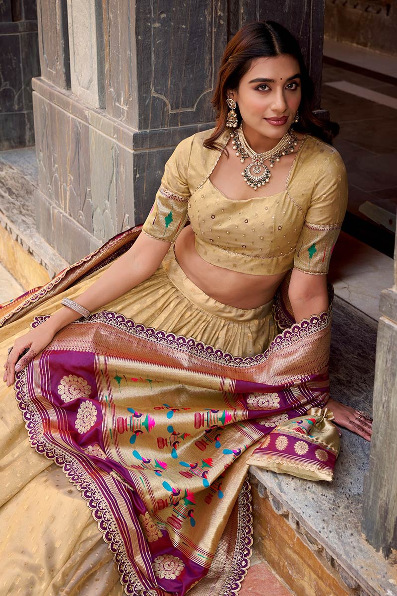 Cream Silk Bridal Lehenga Set UK | Heritage Floral Dupatta RTI