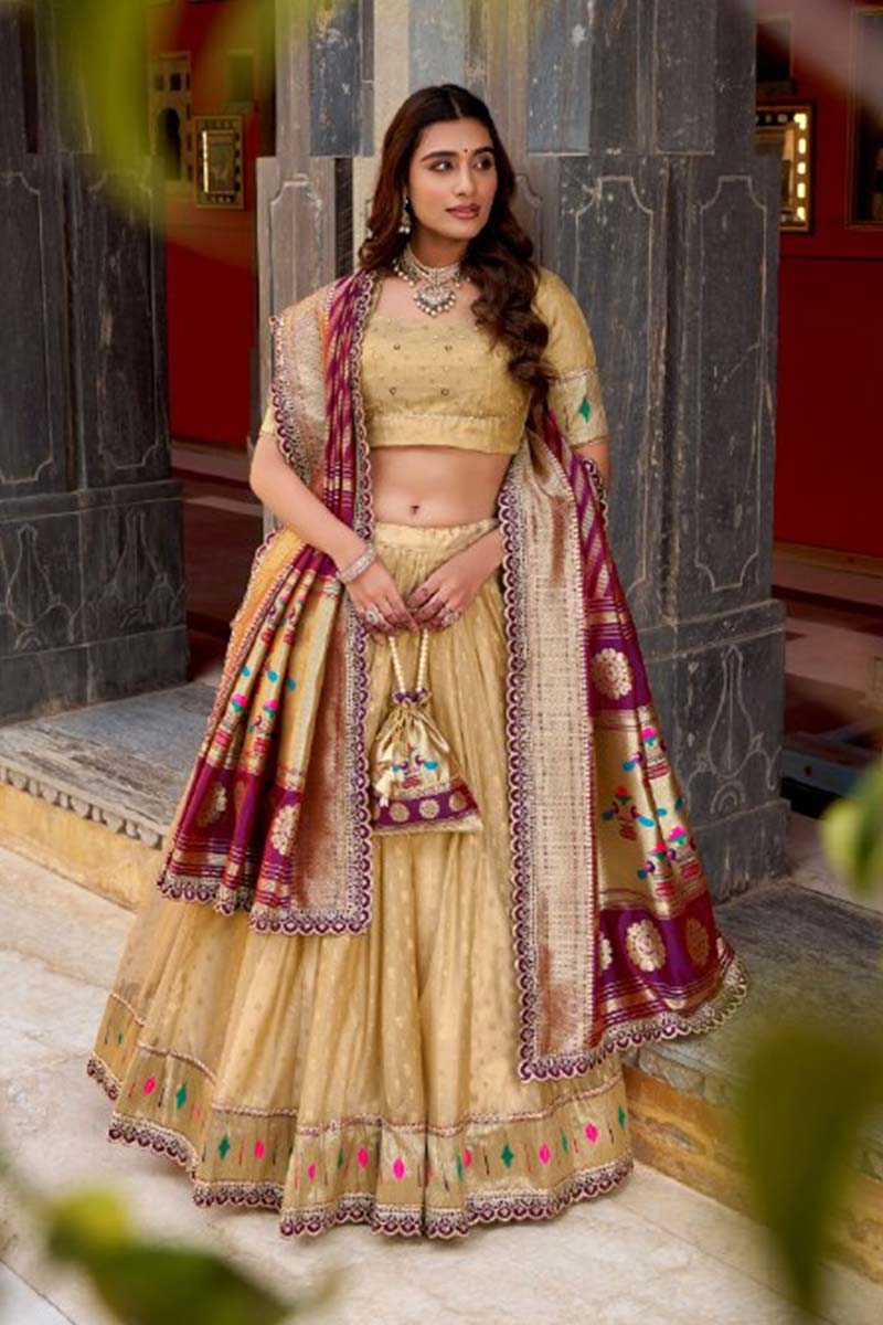 Cream Silk Bridal Lehenga Set UK | Heritage Floral Dupatta RTI
