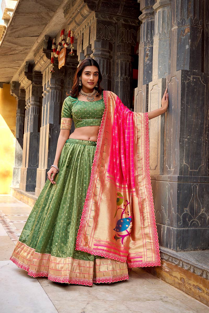 Green Silk Lehenga UK | Embroidered Festive Traditional Wear RTI