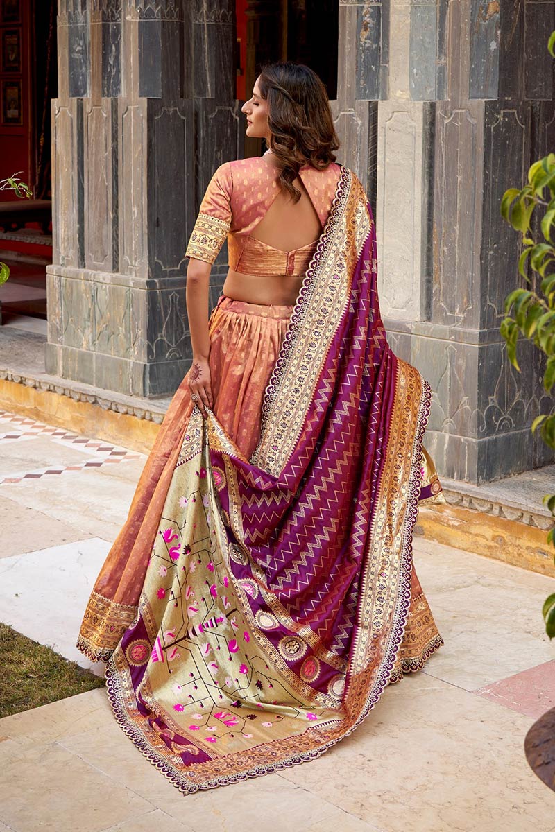 Peach Silk Lehenga for Wedding UK | Floral Purple Dupatta Set RTI