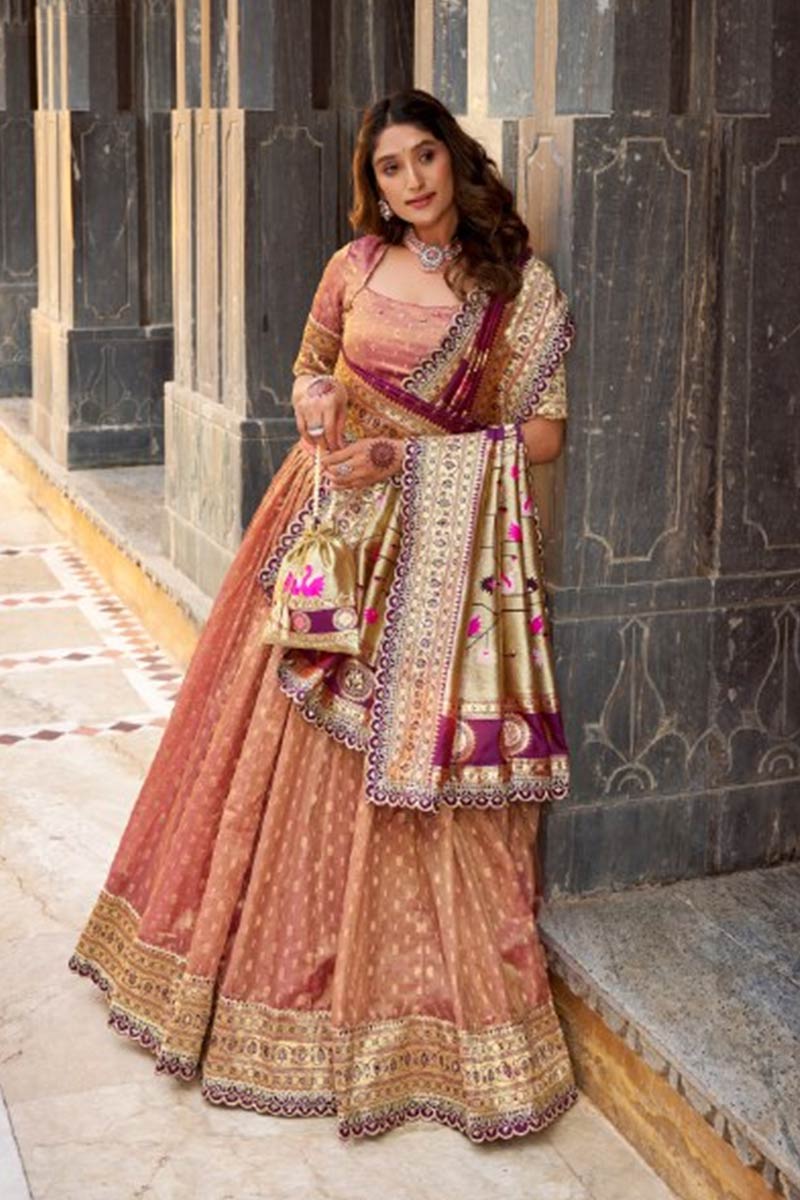 Peach Silk Lehenga for Wedding UK | Floral Purple Dupatta Set RTI