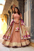Peach Silk Lehenga for Wedding UK | Floral Purple Dupatta Set RTI