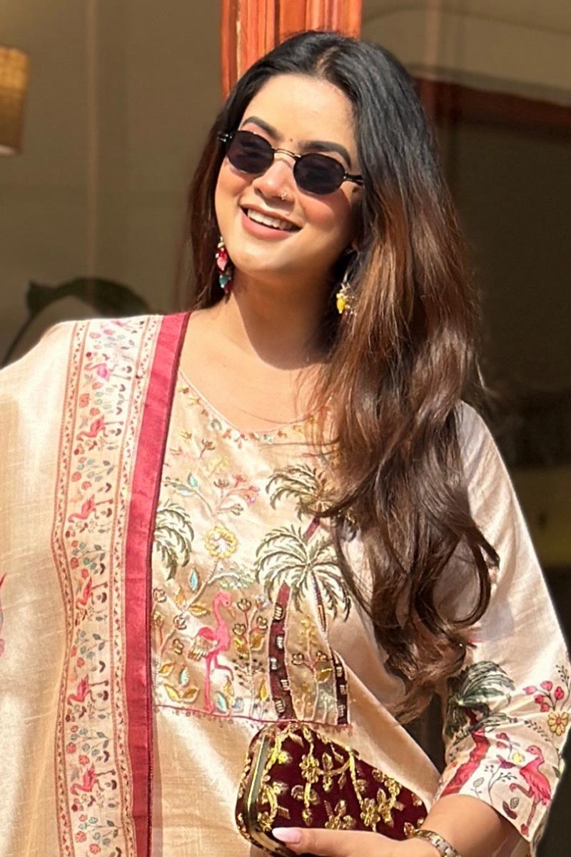 Ivory Tropical Embroidered Salwar Set UK | Flamingo & Palm Print RTI