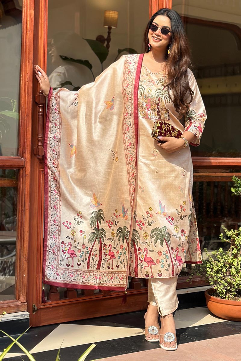 Ivory Tropical Embroidered Salwar Set UK | Flamingo & Palm Print RTI