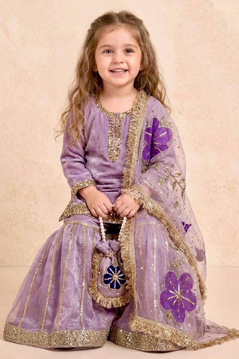 Lavender Girls Festive Sharara Set UK | Embroidered Floral Dupatta RTI