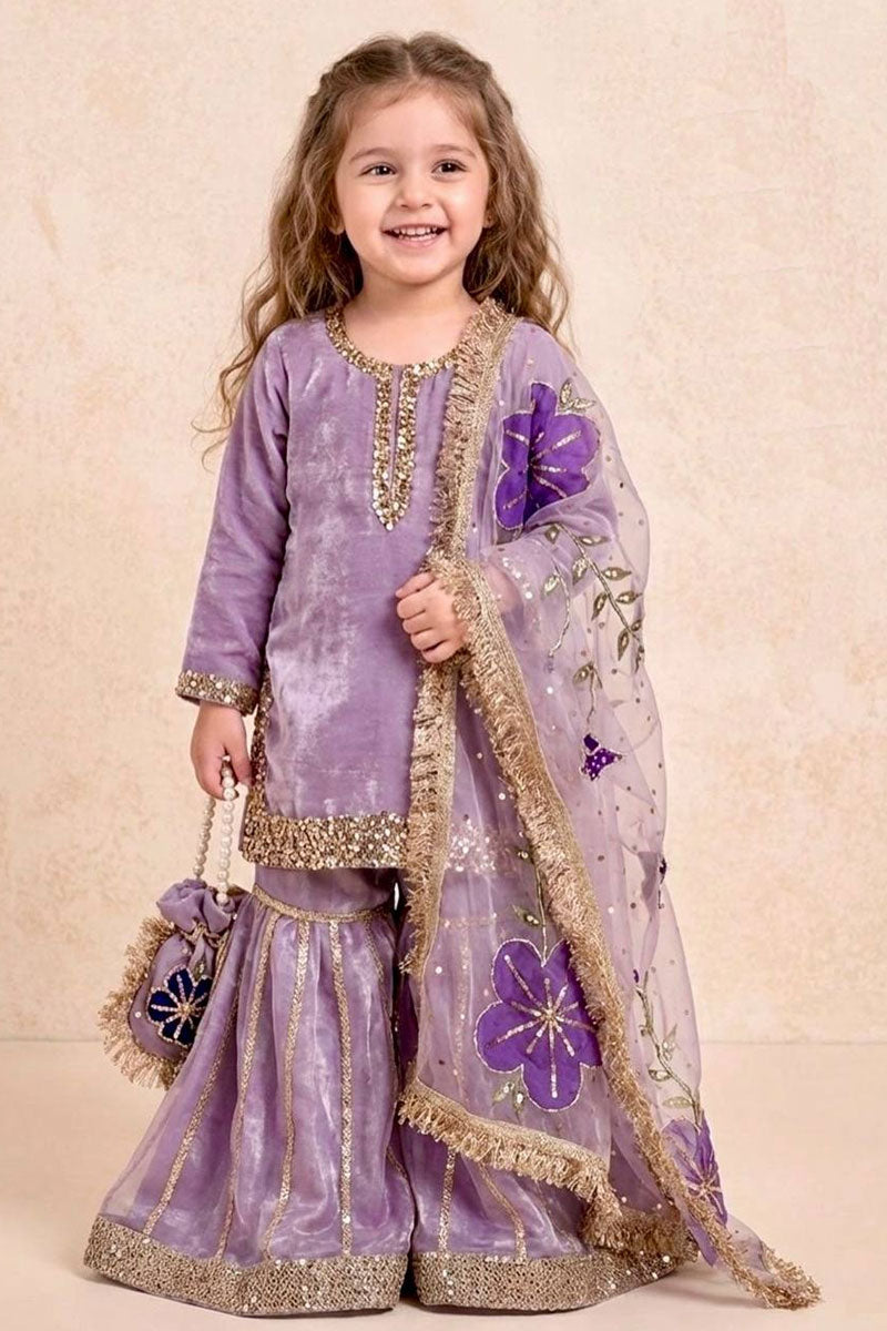 Lavender Girls Festive Sharara Set UK | Embroidered Floral Dupatta RTI