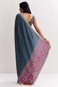 Dark Blue Zigzag Festive Saree UK | Embroidered Border & Statement Blouse RTI