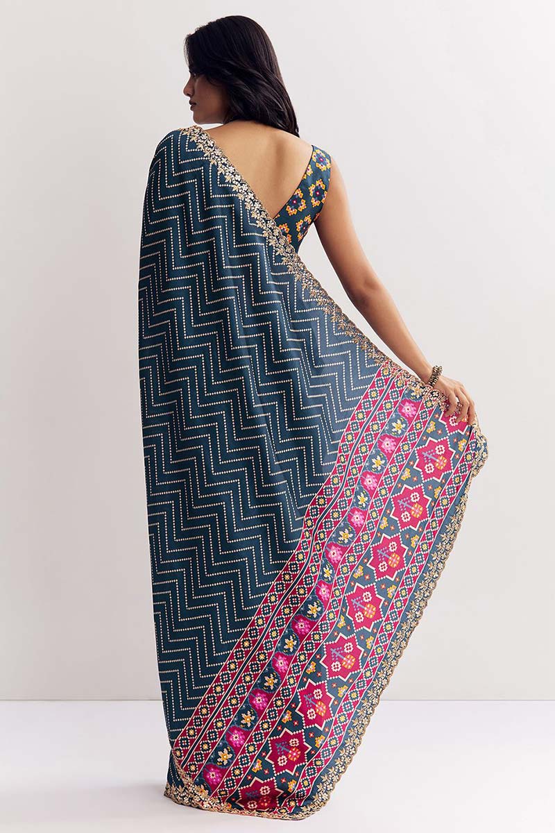 Dark Blue Zigzag Festive Saree UK | Embroidered Border & Statement Blouse RTI