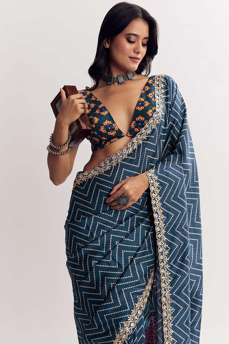 Dark Blue Zigzag Festive Saree UK | Embroidered Border & Statement Blouse RTI
