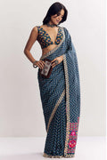 Dark Blue Zigzag Festive Saree UK | Embroidered Border & Statement Blouse RTI
