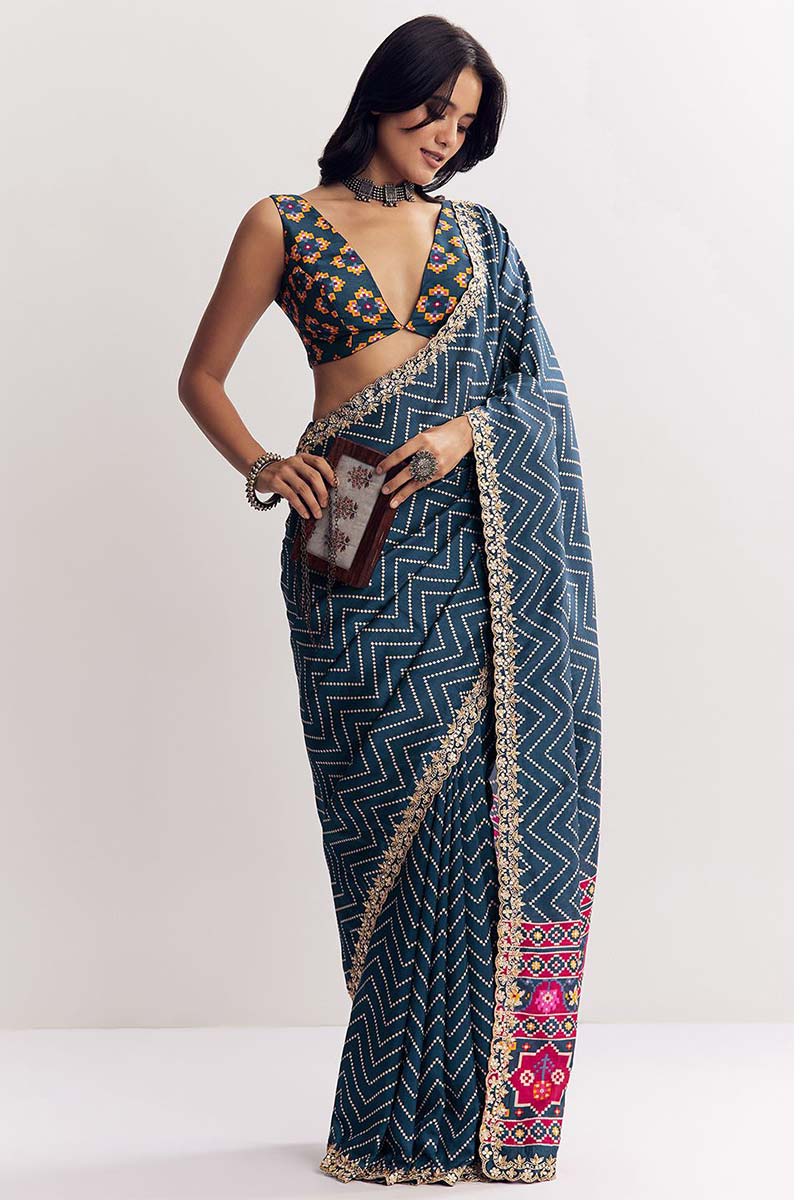 Dark Blue Zigzag Festive Saree UK | Embroidered Border & Statement Blouse RTI