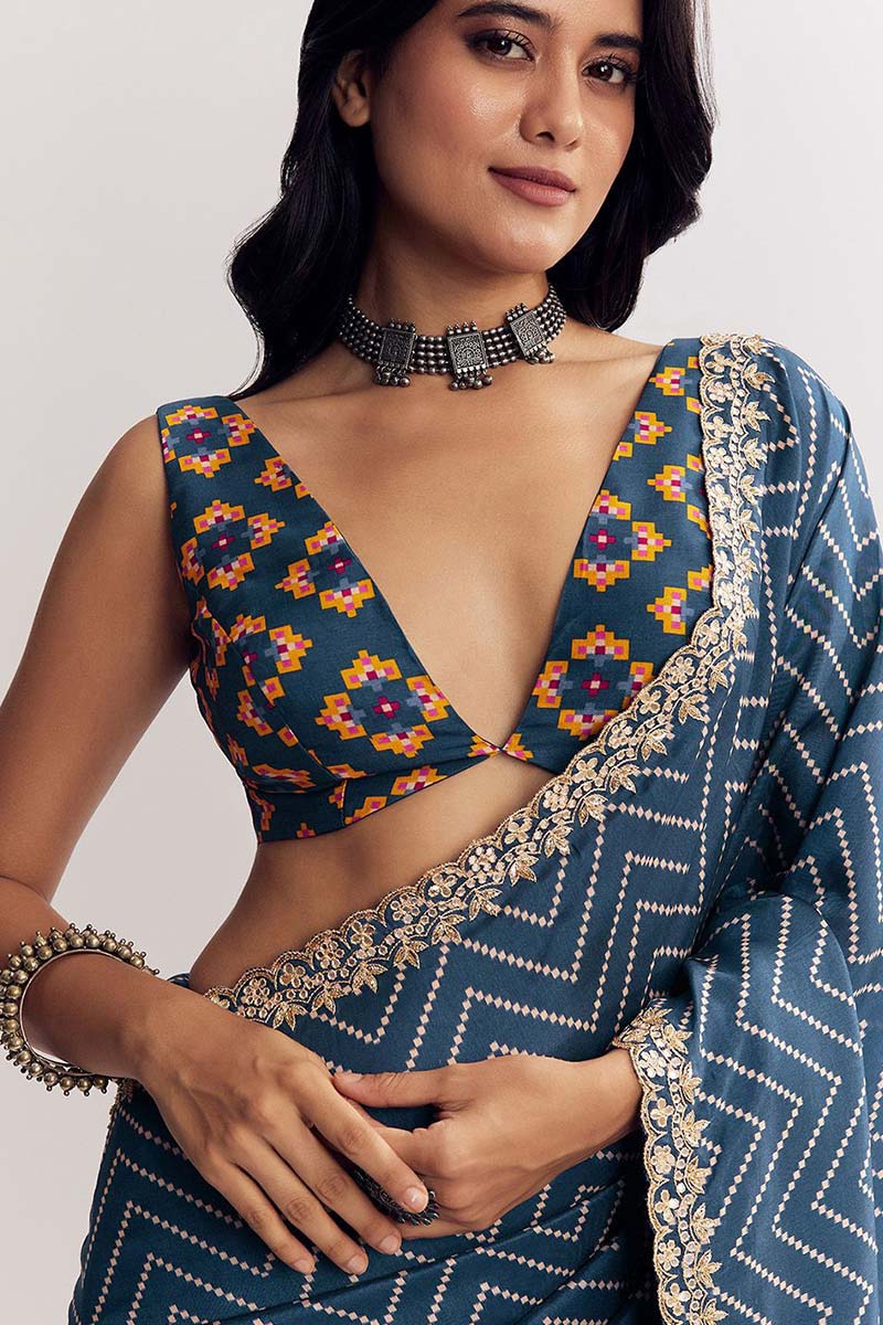 Dark Blue Zigzag Festive Saree UK | Embroidered Border & Statement Blouse RTI