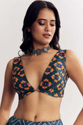Dark Blue Zigzag Festive Saree UK | Embroidered Border & Statement Blouse RTI