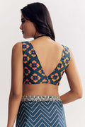 Dark Blue Zigzag Festive Saree UK | Embroidered Border & Statement Blouse RTI