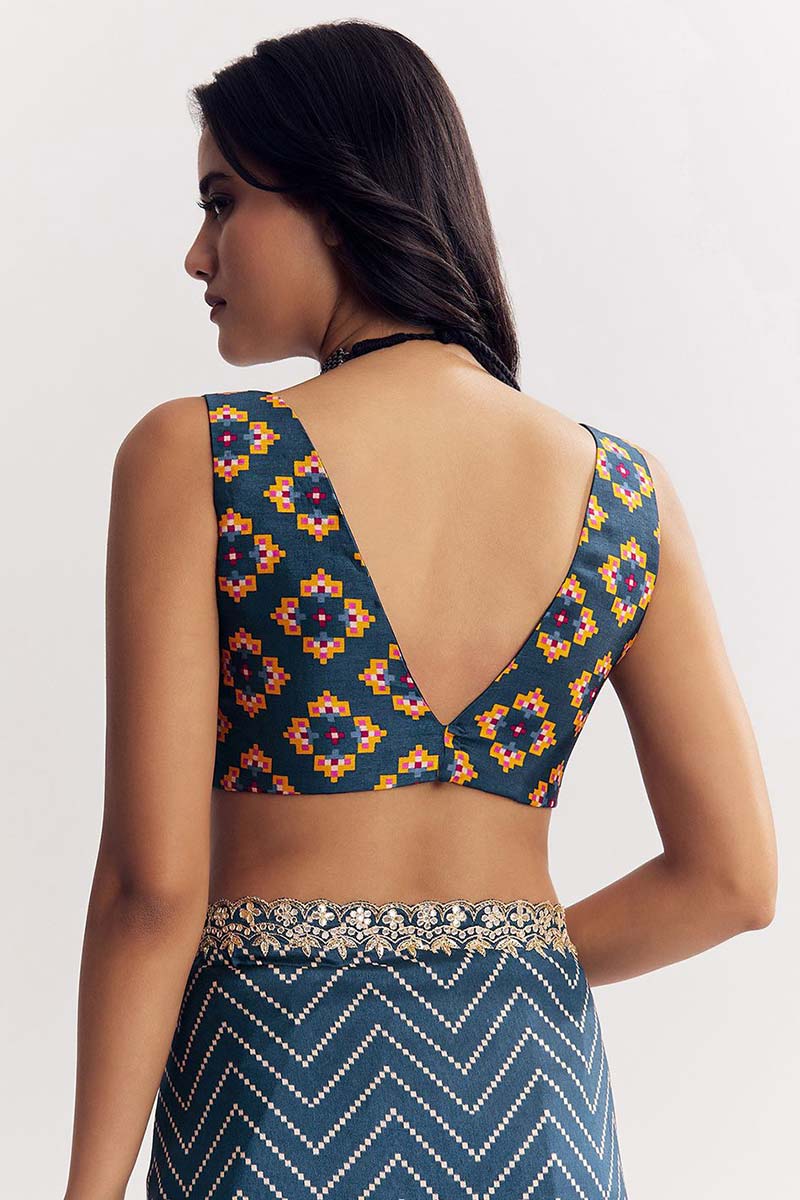 Dark Blue Zigzag Festive Saree UK | Embroidered Border & Statement Blouse RTI