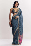 Dark Blue Zigzag Festive Saree UK | Embroidered Border & Statement Blouse RTI