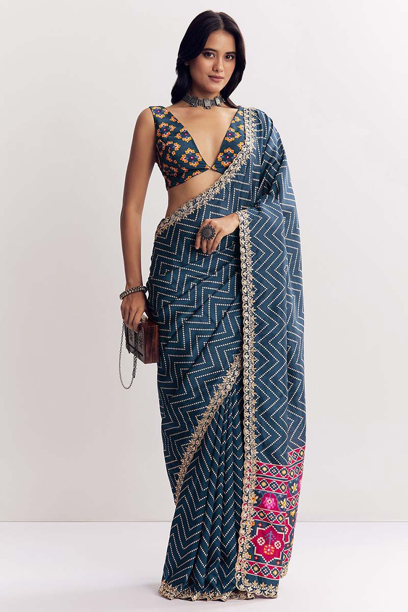 Dark Blue Zigzag Festive Saree UK | Embroidered Border & Statement Blouse RTI