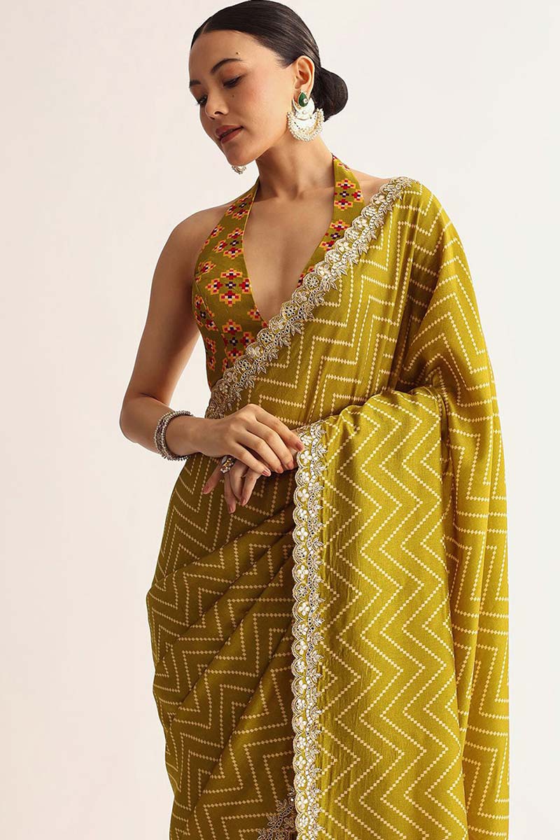 Yellow party wear UK | Contrast multi color geometric blouse RTI