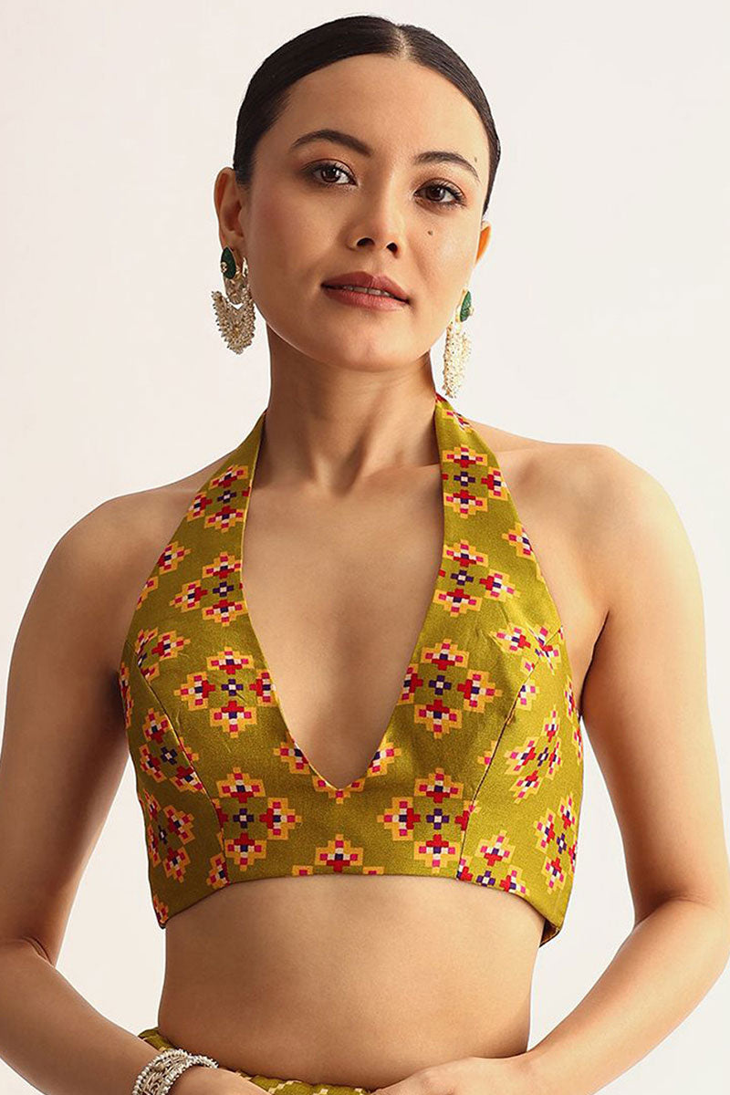 Yellow party wear UK | Contrast multi color geometric blouse RTI
