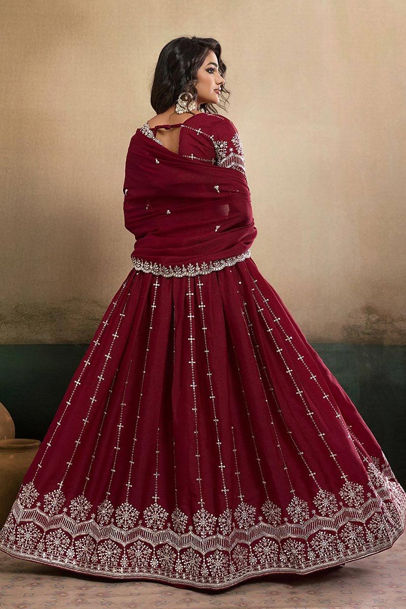 Maroon Embroidered Lehenga UK | Elegant Floral Border & Festive Dupatta RTI